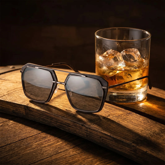 Grain Whisky Eben – lifestylová fotografia na dubovom sude pri pohári whisky s ľadom
