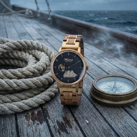 Pánske drevené hodinky Seute Deern Gold – lifestylová fotografia na palube lode pri námornom lane