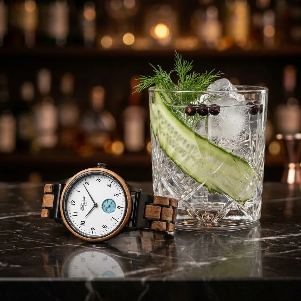 Dámske drevené hodinky Gin White Ice – lifestylová fotografia pri džinovom koktaile s uhorkou, ľadom a bylinkami