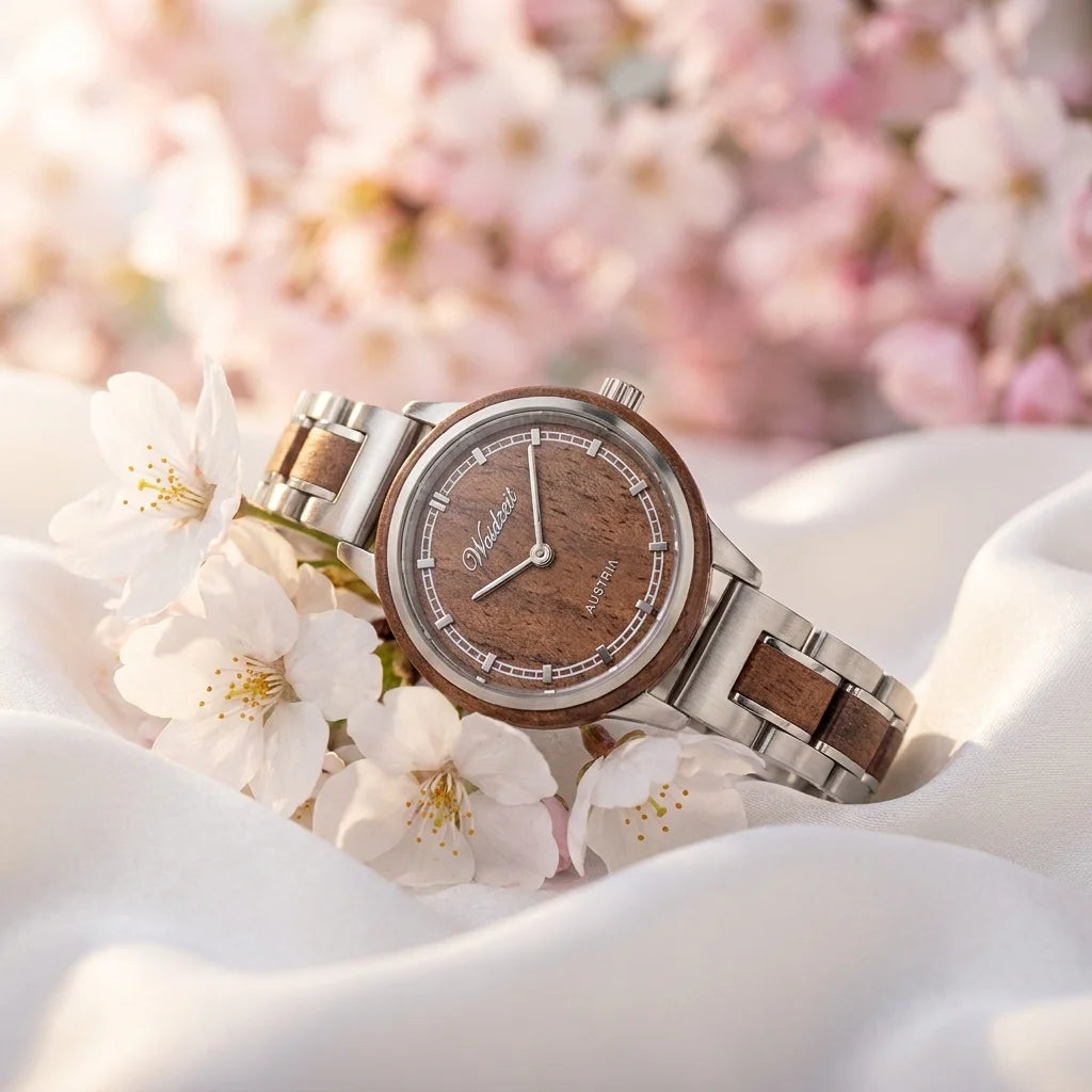 Dámske drevené hodinky Petite Brown – lifestylová fotografia na bielych čerešňových kvetoch s hodvábnou látkou