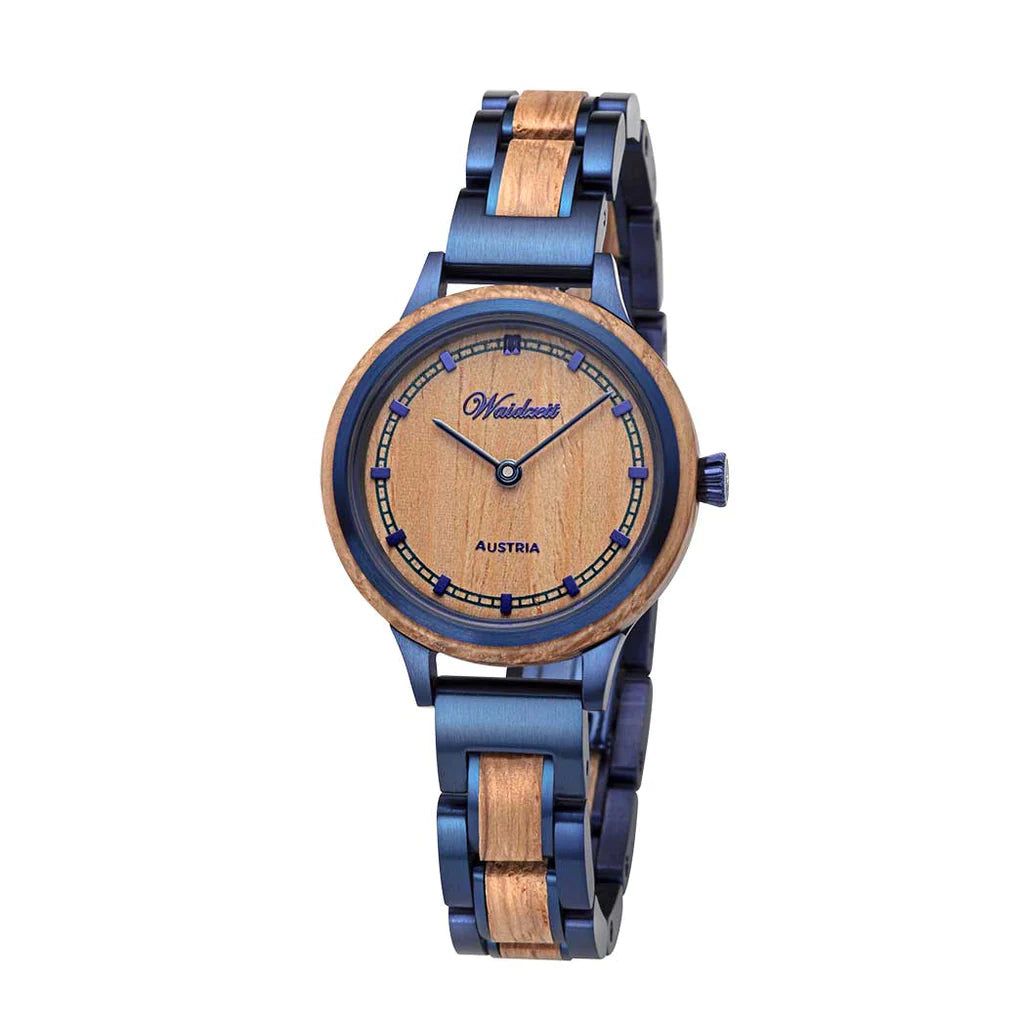 Dámske drevené hodinky Waidzeit Petite Bleu – elegantné spojenie modrej ocele a dubového dreva z barikových sudov