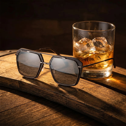 Grain Whisky Eben – lifestylová fotografia na dubovom sude pri pohári whisky s ľadom
