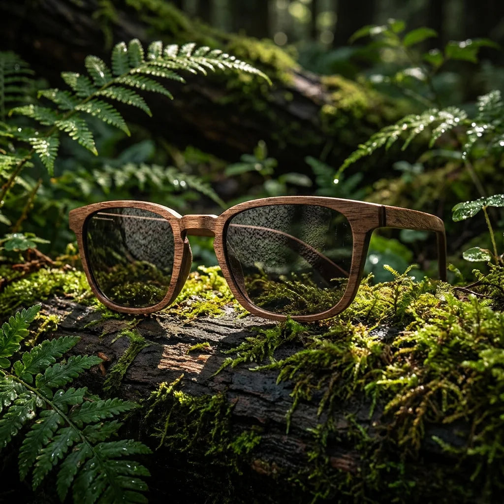 Waldblick Eben – lifestylová fotografia na tmavom lesnom kmeni obklopenom papraďami