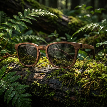 Waldblick Eben – lifestylová fotografia na tmavom lesnom kmeni obklopenom papraďami