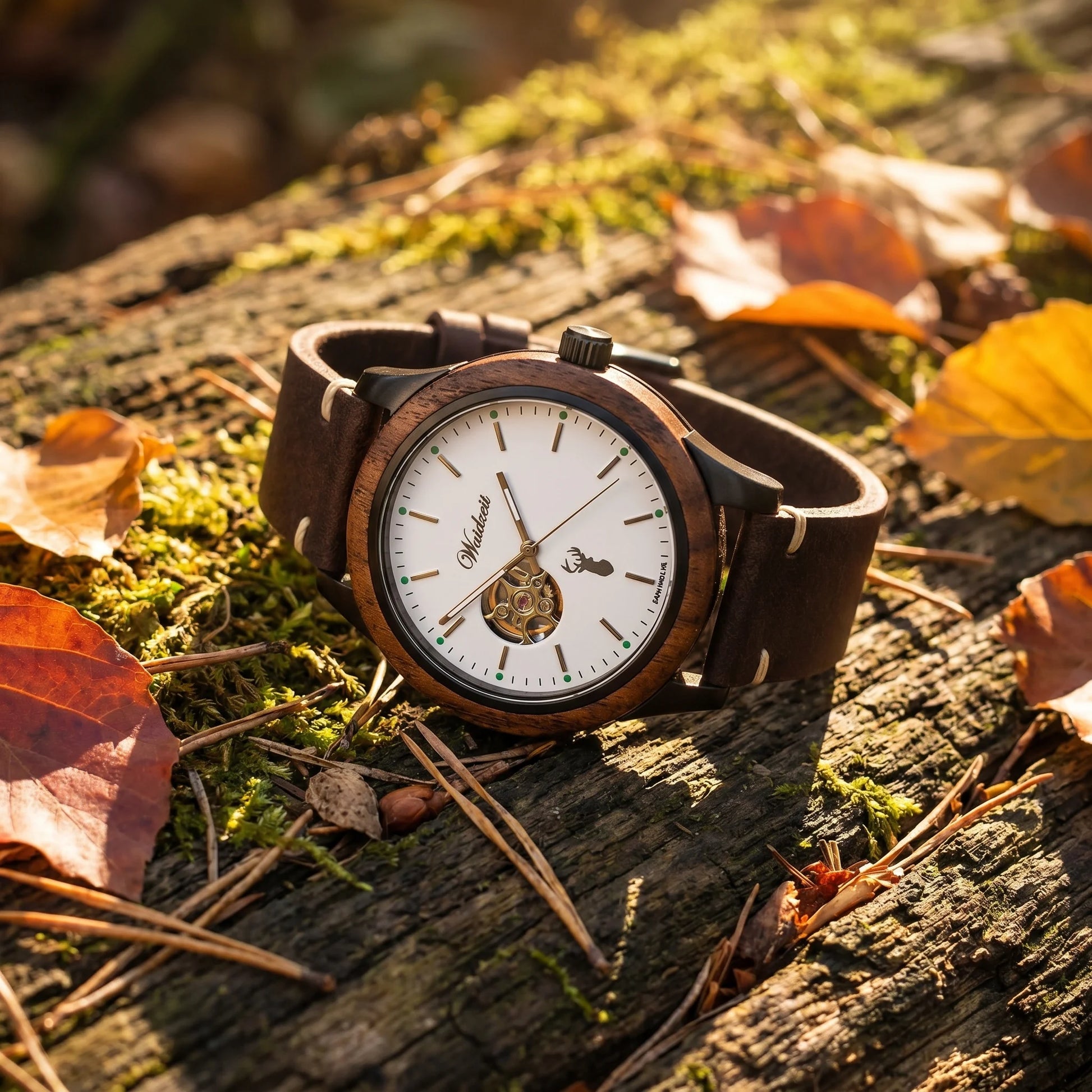 Pánske drevené automatické  hodinky GAMSKAR LEATHER – lifestylová fotografia na machom porastenom kmeňi obklopenom jesenným lístím