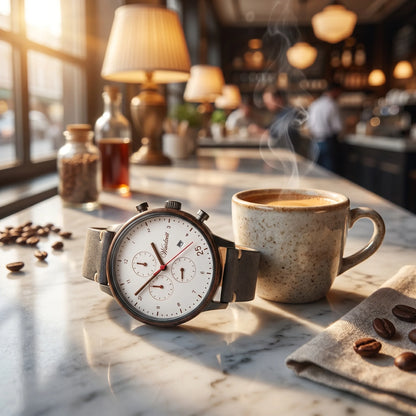 Pánske drevené hodinky Barista Bianco Leather – lifestylová fotografia pri espresse na mramorovom kaviarníckom pulte