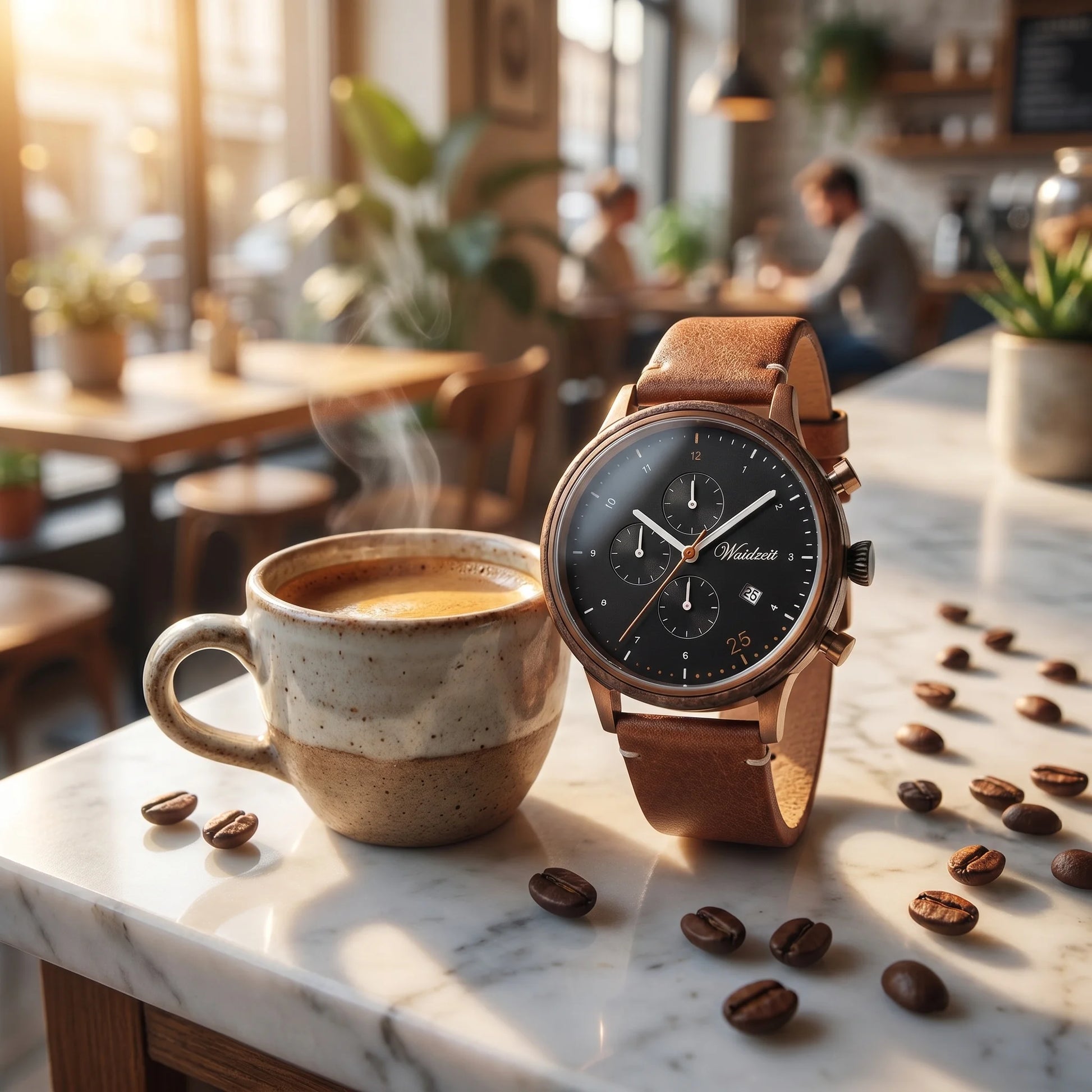 Pánske drevené hodinky Barista Espresso Leather – lifestylová fotografia pri espresse na mramorovom kaviarníckom pulte