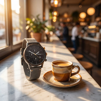 Pánske drevené hodinky Barista Oro Leather – lifestylová fotografia pri espresse na mramorovom kaviarníckom pulte