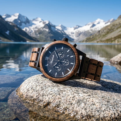 Pánske drevené hodinky Chronograf Alpinist – lifestylová fotografia pri alpskom jazere so zasneženými vrcholmi v pozadí