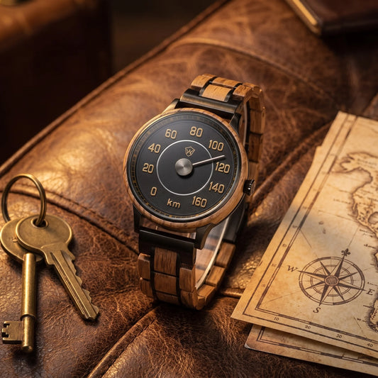 Pánske drevené hodinky Oldtimer – lifestylová fotografia na kožených sedadlách pri vintage kľúčoch od auta