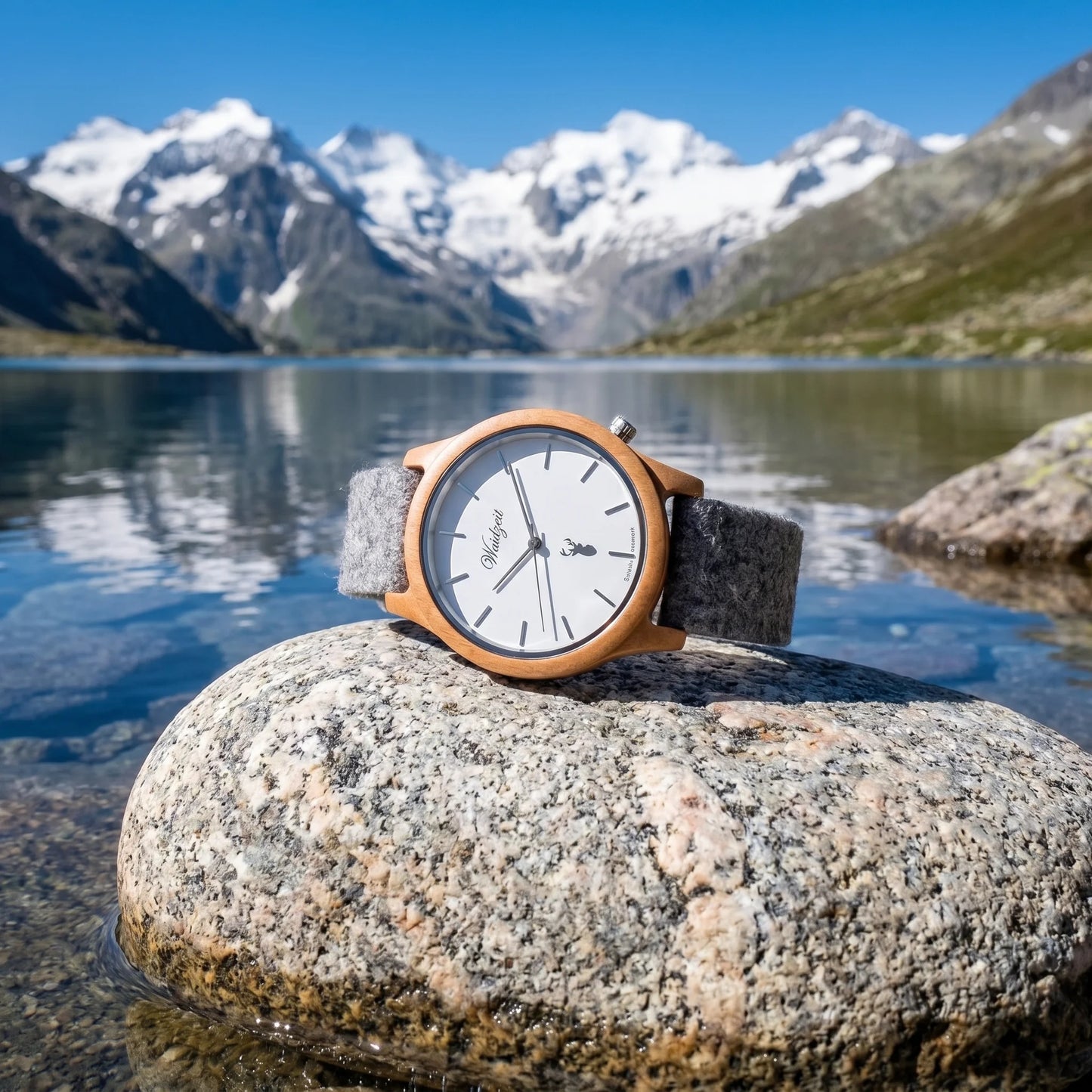 Unisex drevené hodinky Alpin Dachstein – lifestylová fotografia pri alpskom jazere so zasneženými vrcholmi v pozadí