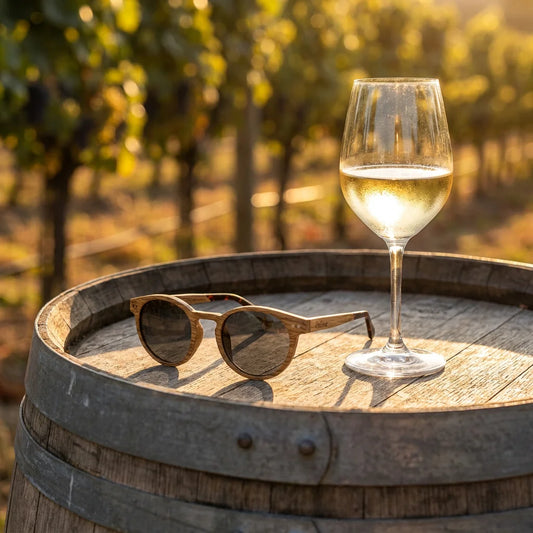 Weinbrille Chardonnay – lifestylová fotografia na dubovom sude pri pohári bieleho vína vo vinici