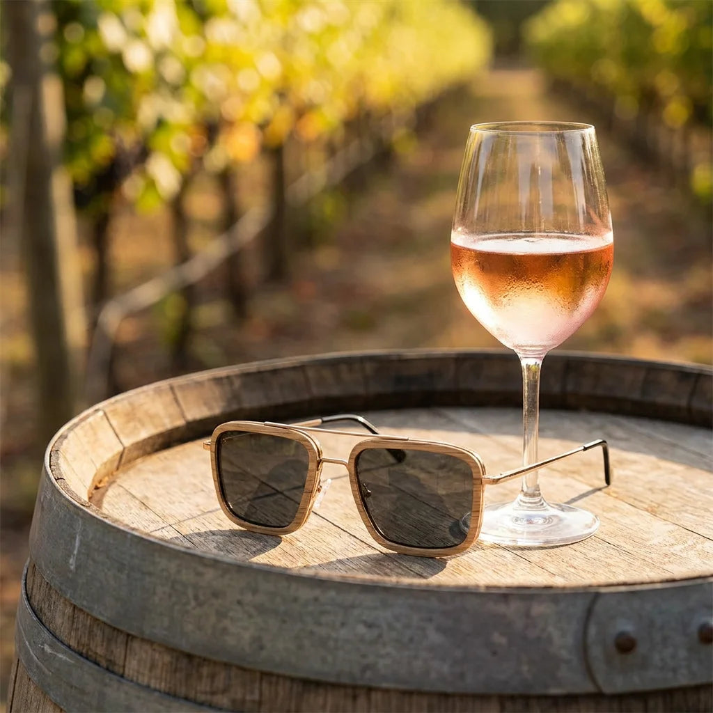 Weinbrille Muscat – lifestylová fotografia na dubovom sude pri pohári ružového vína vo vinici