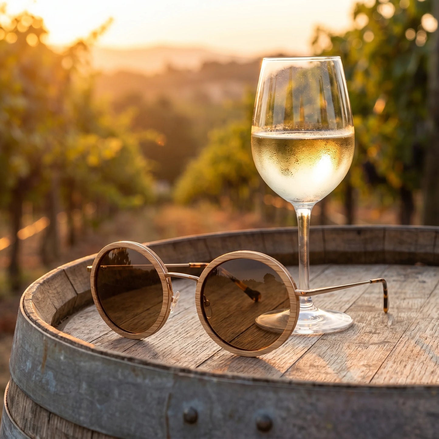 Weinbrille Semillion – lifestylová fotografia na dubovom sude pri pohári bieleho vína vo vinici