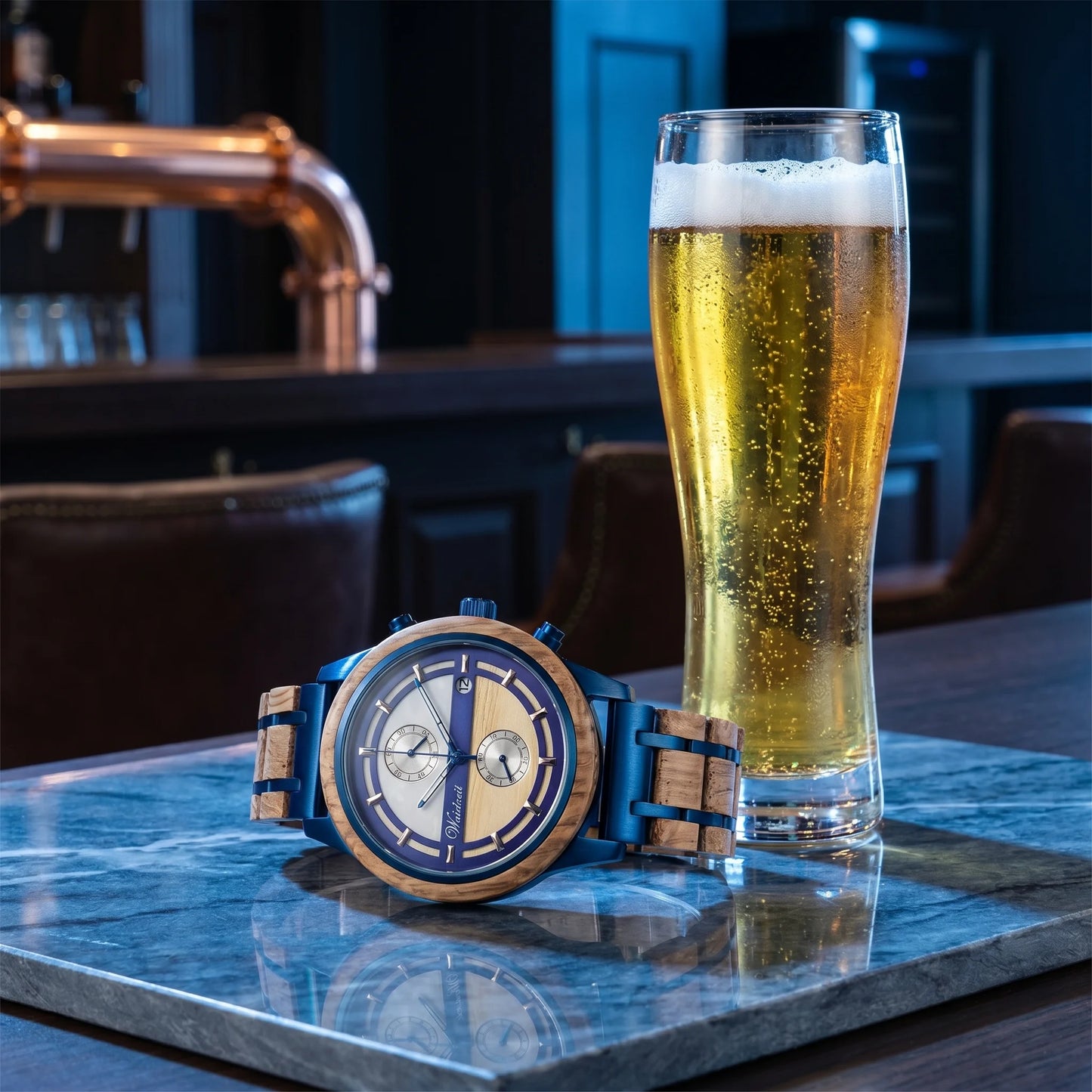 Pánske drevené hodinky Bieruhr blau