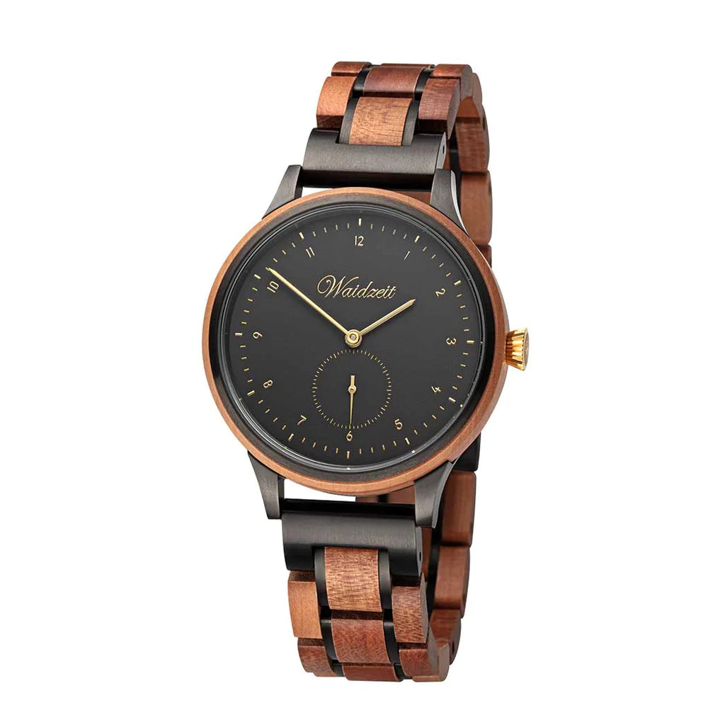 Dámske drevené hodinky Waidzeit Cherry Black – elegantné hodinky z čerešňového dreva s čiernym ciferníkom a zlatými detailmi