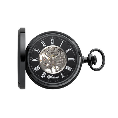 Drevené vreckové hodinky Waidzeit Skelett Black – elegantné vreckové hodinky z koreňového orechového dreva s čiernym ciferníkom a mechanickým strojčekom