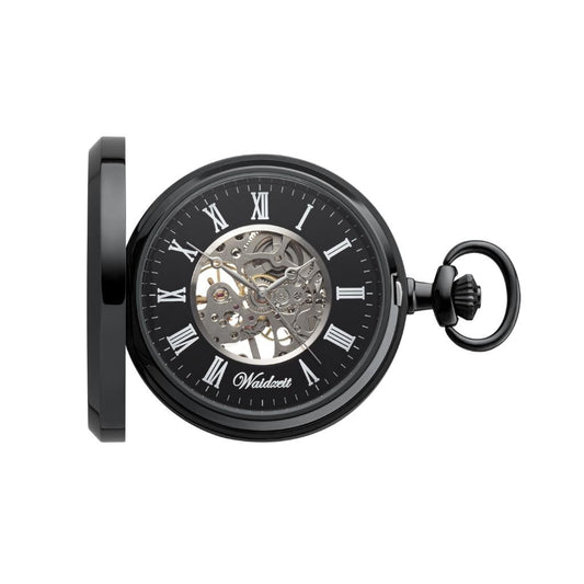 Drevené vreckové hodinky Waidzeit Skelett Black – elegantné vreckové hodinky z koreňového orechového dreva s čiernym ciferníkom a mechanickým strojčekom