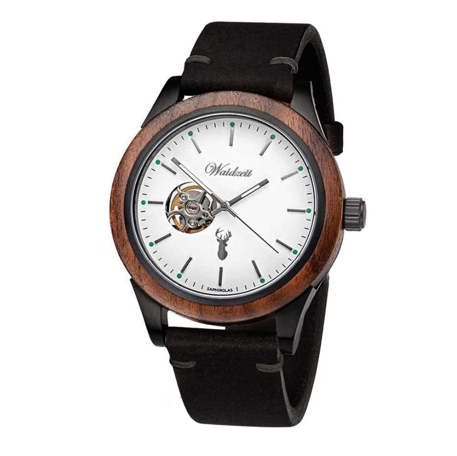 Pánske drevené automatické  hodinky GAMSKAR LEATHER – detail ciferníka